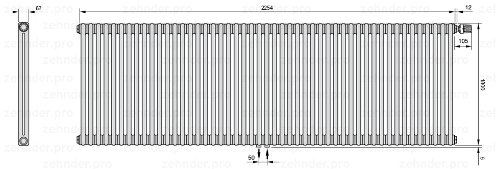 Схема (чертеж) Радиатор Zehnder Charleston 2180/49 №V008 Technoline TL
